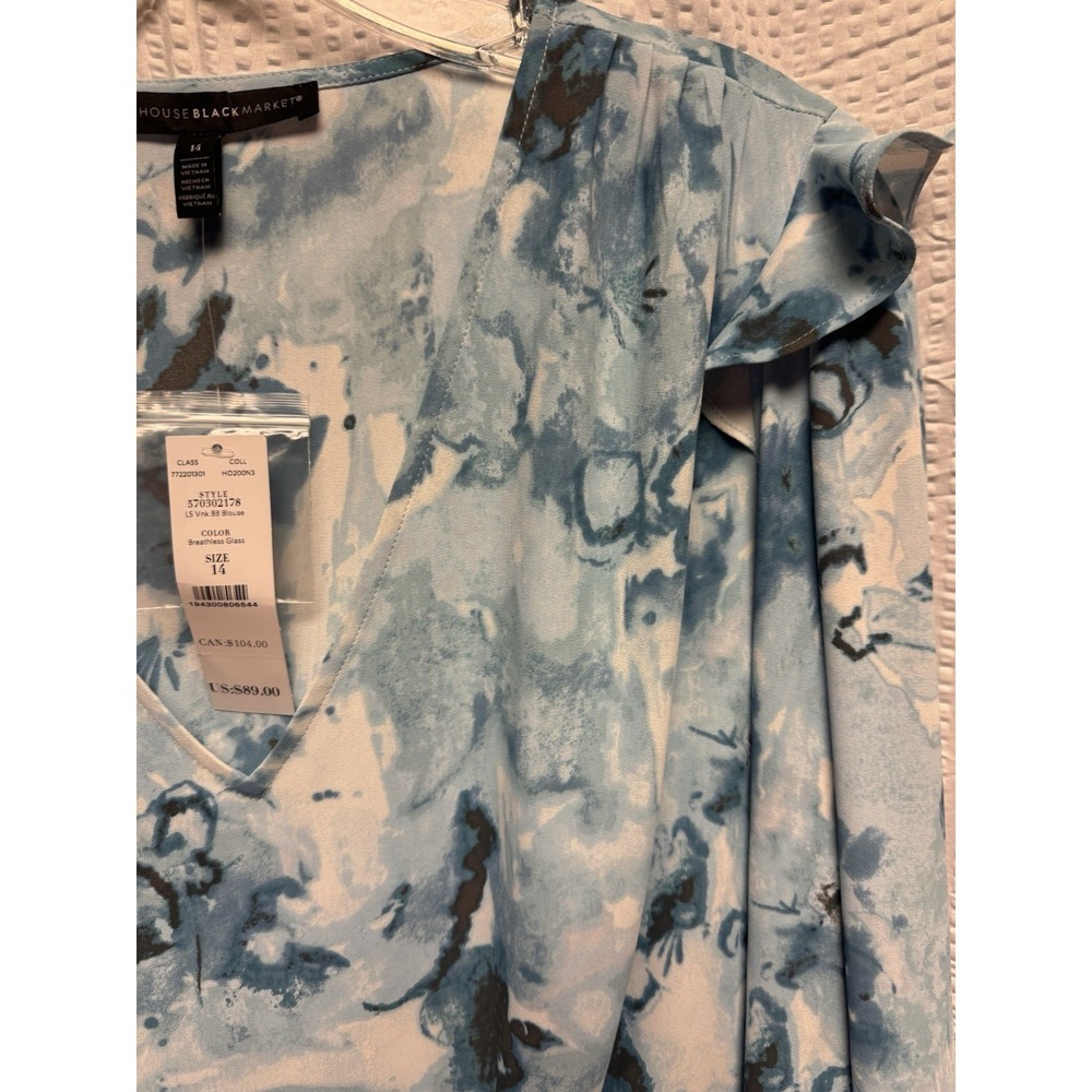 White House Black Market Banded Bottom Blouse Ruffle Shoulder Watercolor‎ Sz 14 - Picture 5 of 13